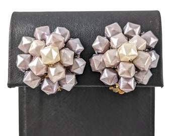 Vintage Hong Kong Cube Cluster Clip On Gold Tone Earrings