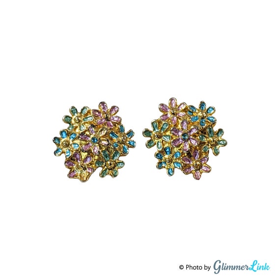 Vintage Floral Pastel Enamel Cluster Clip On Earr… - image 2