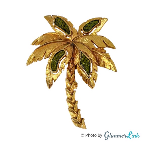 Vintage Double Palm Trees Brooch Pin Green Enamel Gold Tone Clear Crystals  1.75” 