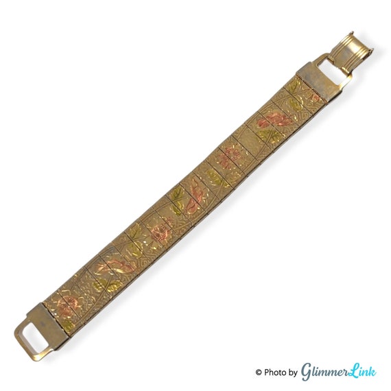 Vintage Gold Tone Floral Panels Mesh Bracelet - image 5