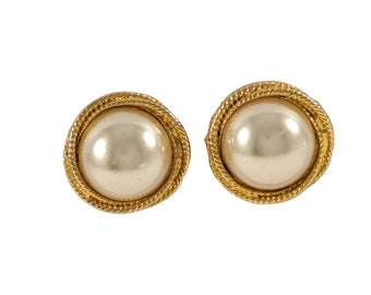 Vintage White Faux Pearl Cabochon Gold Tone Double Rope Trim Shoe Clips