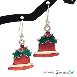 Vintage Christmas Holiday Bell Holly Leaves Berries Enamel Silver Tone Drop Earrings