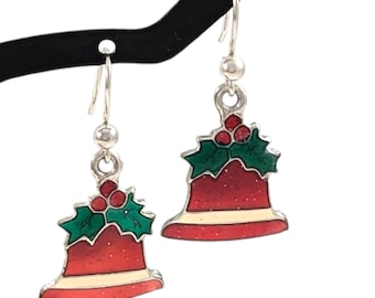 Vintage Christmas Holiday Bell Holly Leaves Berries Enamel Silver Tone Drop Earrings