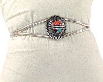 Vintage Sterling Silver Southwestern Gemstone Mosaic Cabochon Cuff Bracelet