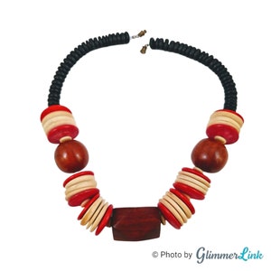 Vintage Red, Black & Brown Wooden Bead Statement Necklace Geometric Design
