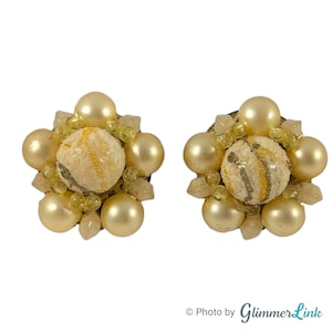 Vintage Hong Kong Pale Yellow Sugar Coat Bead Cluster Gold Tone Clip On Earrings