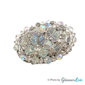 Vintage Aurora Borealis Clear AB Glass Beaded Cluster Oval Silver Tone Brooch, Unisex Bridal Wedding