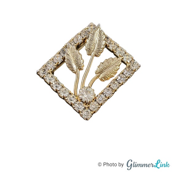 Vintage Rectangle Leaf Rhinestone Openwork Gold T… - image 2