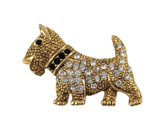 Vintage 1928 Scottish Terrier Clear & Black Pave Rhinestone Gold Tone Brooch Pin