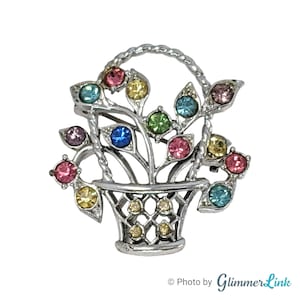Vintage Multicolor Rhinestones Flower Basket Silver Tone Brooch