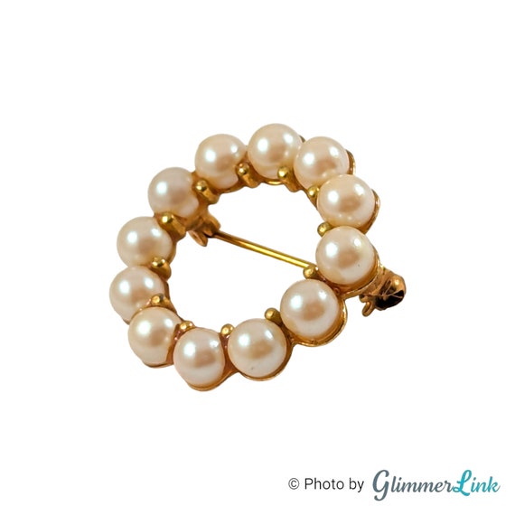 Vintage Dainty Faux Pearl Open Circle Wreath Gold… - image 2