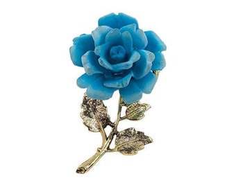 Vintage Blue Cabbage Rose Gold Tone Stem Brooch