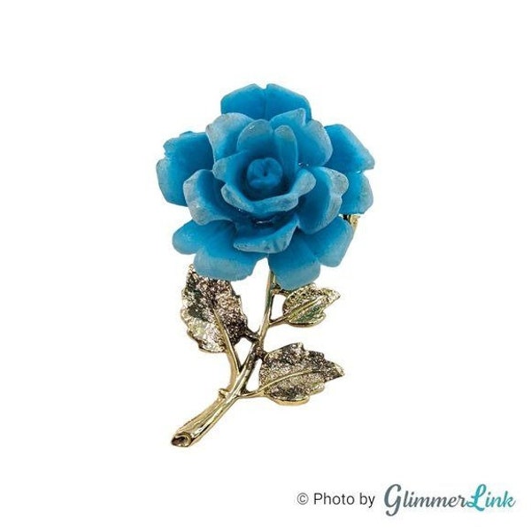 Vintage Blue Cabbage Rose Gold Tone Stem Brooch