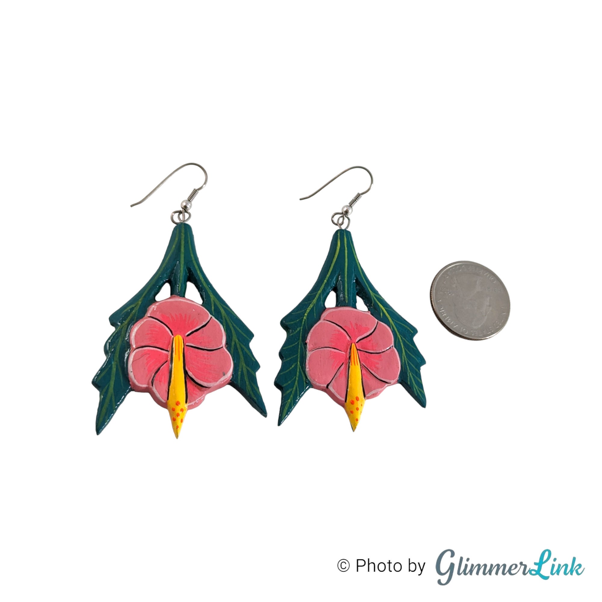 ◆VINTAGE HOLLYWOOD◆ Tropical Flower Earrings VH2336EA008B Vintage 80s 90s Huge Hibiscus Flower Leaves Hand Painted