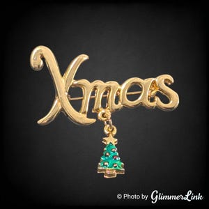 Vintage 1990s Xmas Script Christmas Tree Enamel Gold Tone Dangle Brooch