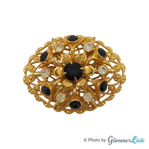 Vintage Oval Ornate Filigree Black Rhinestone Gold Tone Brooch Pin