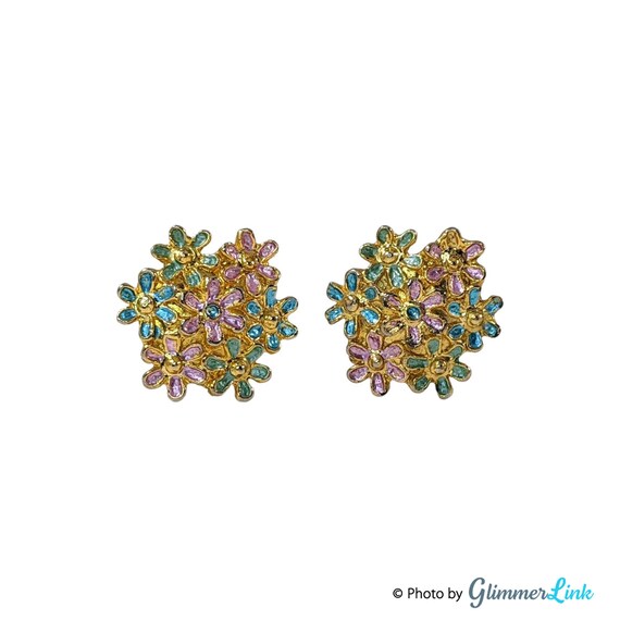 Vintage Floral Pastel Enamel Cluster Clip On Earr… - image 1