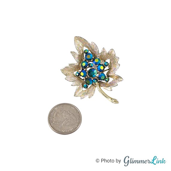 Vintage Blue Aurora Borealis Rhinestone Leaf Gold… - image 4