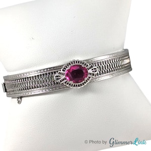 Vintage 20s 30s Art Deco Romar Quality Pink Oval Stone Rhodium Plated Filigree Hinged Bracelet