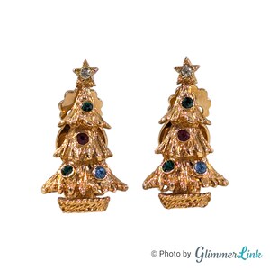 Vintage Christmas Tree Multicolor Rhinestone Gold Tone Clip On Earrings