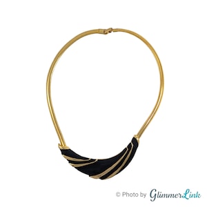 Vintage Enamel Stripe V Shape Omega Chain Gold Tone Bib Statement Necklace