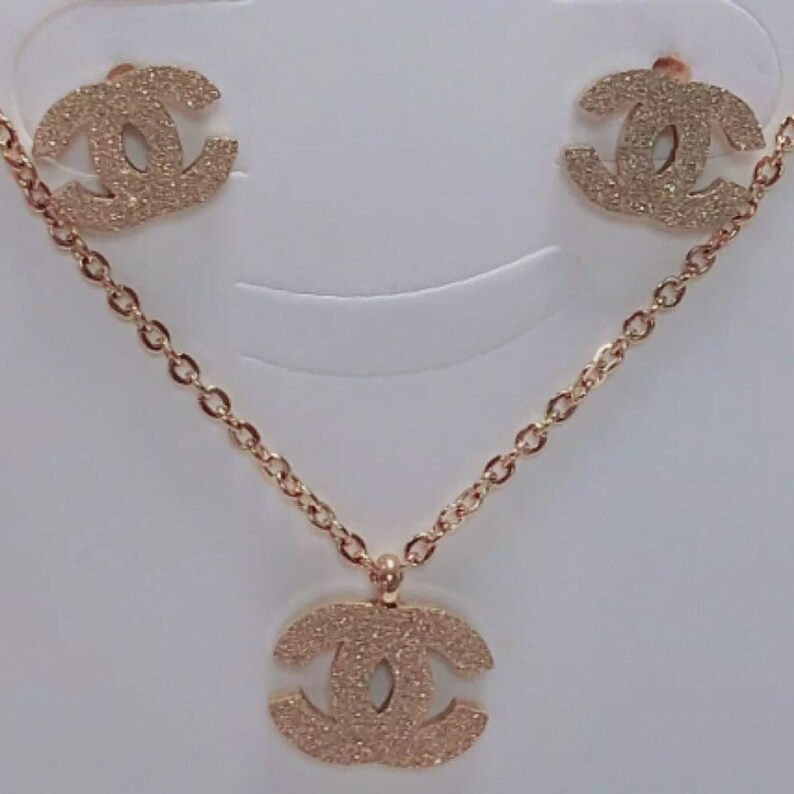 Chanel Inspired Jewelry Set Pendant Necklace Earring Etsy