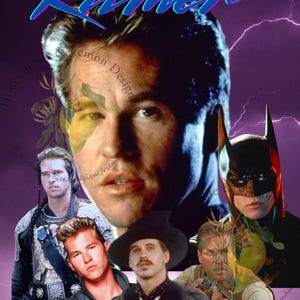 May include: A collage of images featuring actor Val Kilmer. The main image is a close-up of Kilmer's face. Other images include Kilmer as Batman, Kilmer in a cowboy hat, and Kilmer in a bomber jacket. The background is a purple gradient with lightning bolts.