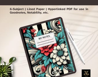 Floral Digital Notebook for iPad: 6-Subject Hyperlinked Tabs (PDF Download)