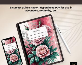 Quaderno digitale Rosa Rosa: diario con 5 sezioni e collegamenti ipertestuali, compatibile con GoodNotes e Notability (PDF).