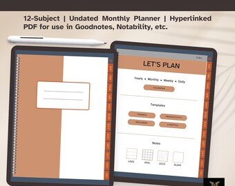 May include: A digital planner displayed on two tablet screens with a white stylus. The interface features a 12-subject undated monthly layout with hyperlinked tabs, including sections for yearly, monthly, weekly, and daily planning, plus finance, productivity, wellness, and lifestyle templates.