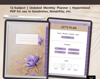 Purple Floral Digital Planner: Undated, Hyperlinked for GoodNotes (PDF Download)