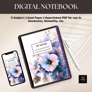 May include: A digital notebook displayed on a tablet and smartphone, featuring a floral cover with hibiscus flowers in shades of purple, blue, and white. The cover includes a rectangular label with the text MY NOTES and two lines for writing.