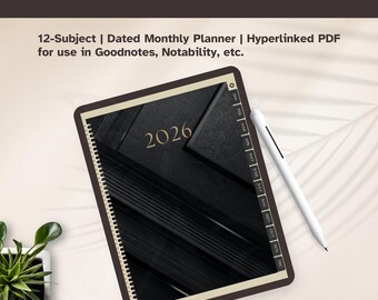 Agenda numérique Black Lux 2026 | Agenda minimaliste à 12 onglets hyperliés pour iPad, compatible avec GoodNotes et Notability