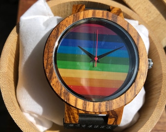 Gay Pride Rainbow Bamboo Wood Watch