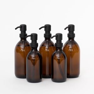 Amber Glass Bottles - With Metal Black Pump - Refillable, Eco-Friendly and Recycled - Dispense Favourite Toiletries - 2 Sizes 300ml/500ml