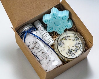 Christmas Spa Gift Box, Lavender Soy Candle, Snowflake Soap
