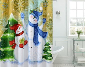 60/72/79"Xmas Snow Light Waterproof Polyester Decor Shower Curtain &Mat&Hooks 