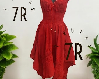Vestido de algodón con mangas, vestido de playa de algodón orgánico, vestido con dobladillo asimétrico, vestido de vacaciones, vestido informal o formal