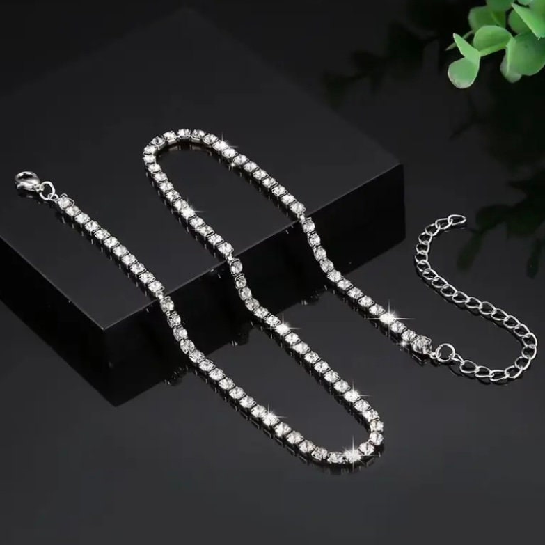 YERTTER Sparkly Rhinestone Choker Necklace With Tassel - Long Ice-Out Collar Statement Piece For Women, Silver - View #3