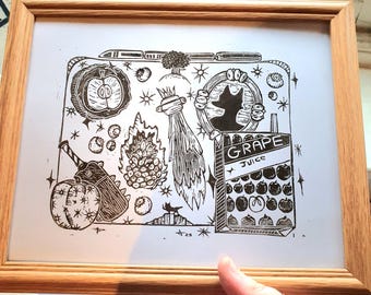 Gravura em linóleo do Sr. Raposo, arte inspirada em Wes Anderson (A4)