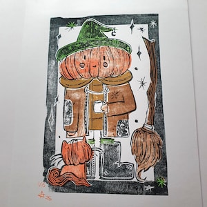 Pumpkin Cutie and Cat Lino Print (handmade reduction print)