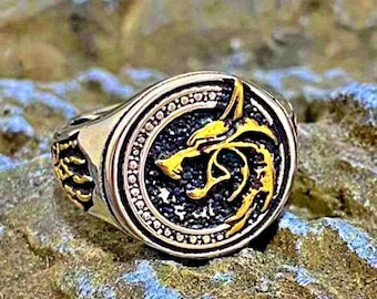 Guld- och silverring med ylande varg och otroliga detaljer, maskulina smycken och accessoarer för män, fars dag-present