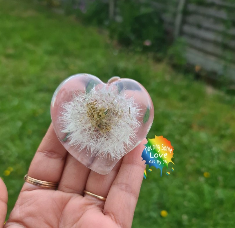 Dandelion Resin Heart, Dandelion Paperweight, Wishing Hearts