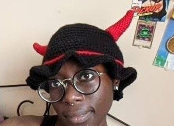 Handmade Devil Horns Crochet Bucket Hat 