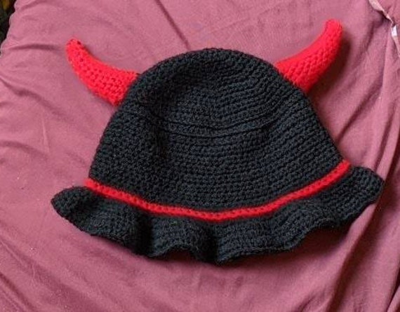 Handmade Devil Horns Crochet Bucket Hat 