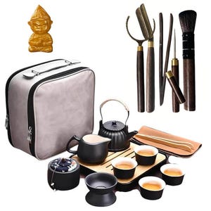 Professional Gongfu Tea Set Complete Portable Travel Tea Kit with Case Tools and Monkey Figurine Matte Black Ceramic Zen Gift for Tea Lovers