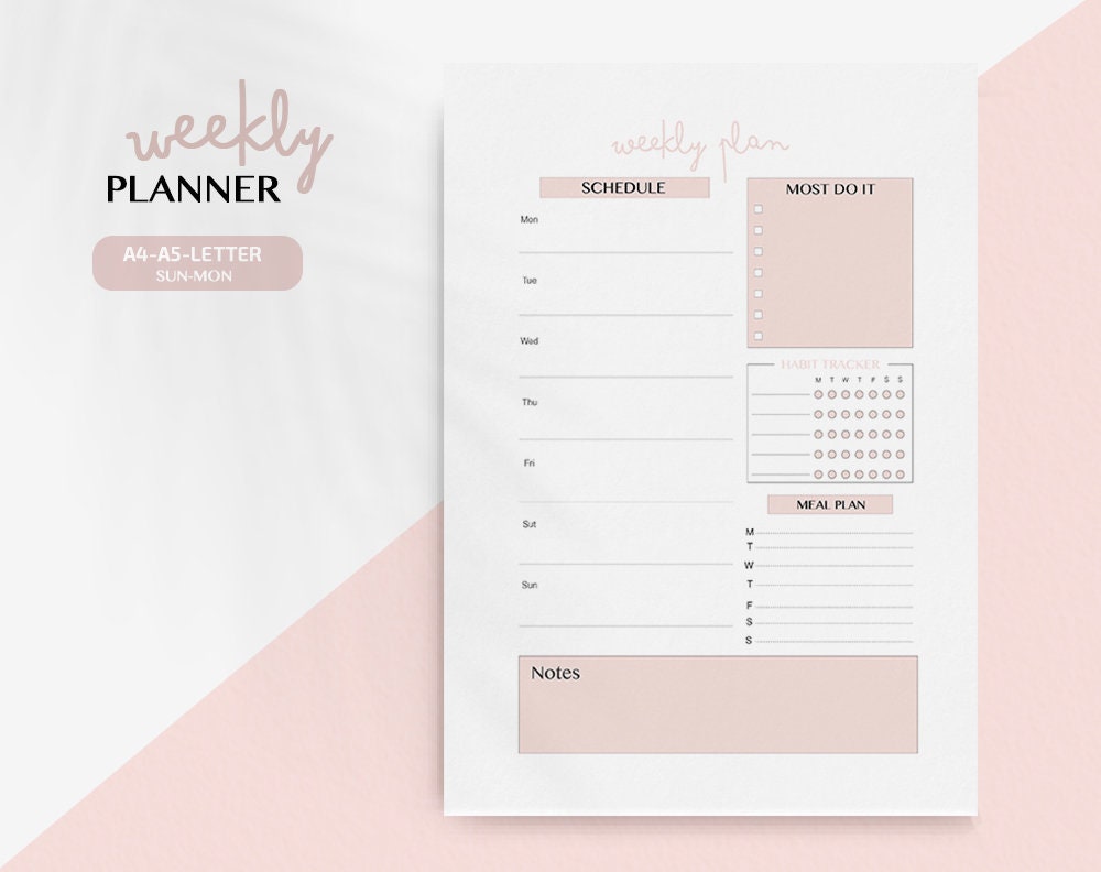 weekly planner printable page instant pdf download a4 a5