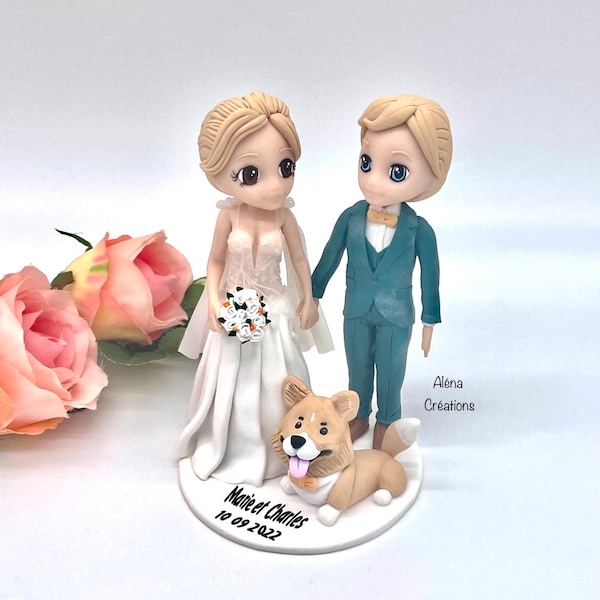 Figurine Wedding cake - Topper Mariage couple en pate polymère, fait main. Personnalisation au choix avec ou sans animal sur commande.