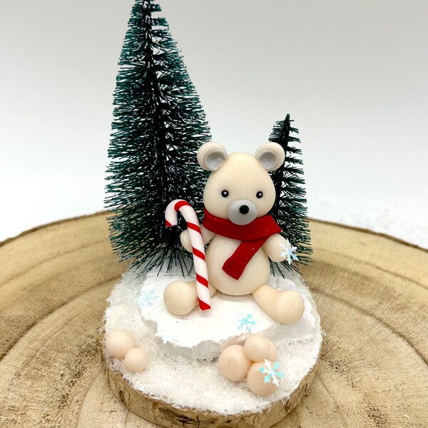 Décoration de noël - Ourson dans la neige pour décoré la table de noël, fait main en pate polymère, décor de fête, homedeco, cadeaux.