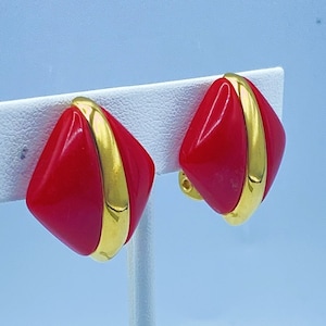 Vintage Monet Red Lucite Earrings: Gold Tone 80s Jewelry
